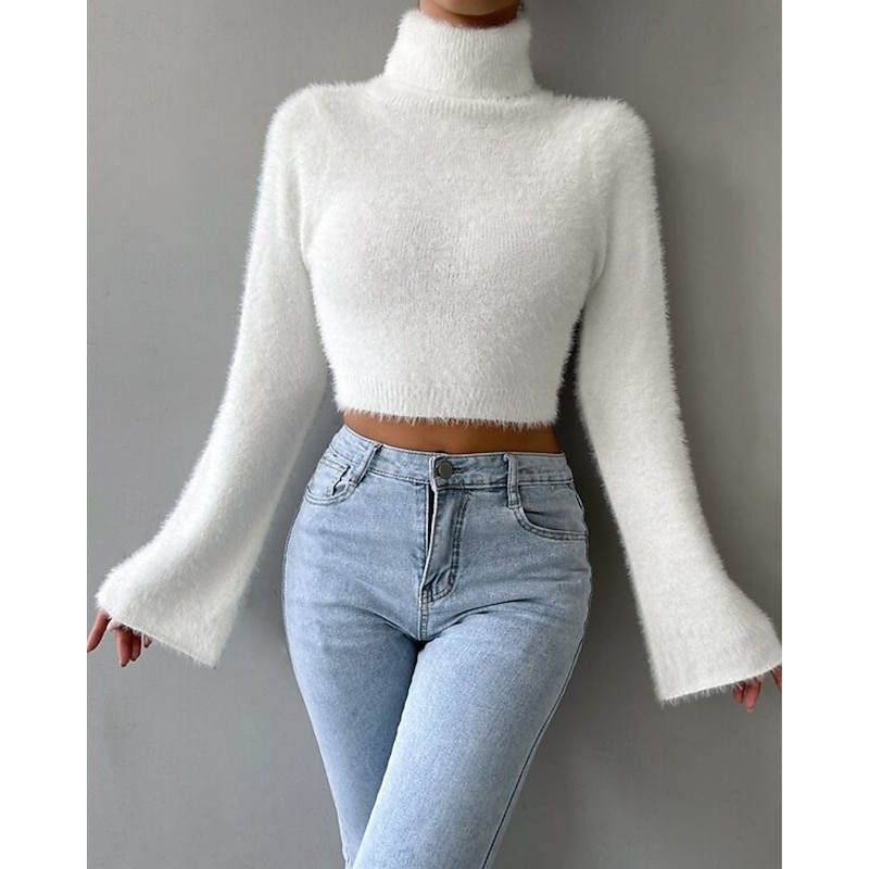 Women's Sweater Pullover Fashion Casual Solid Color Ribbed Turtleneck Knitted Long Sleeve Crop Tops Knit Outdoor Daily Weekend Black White Fall Winter