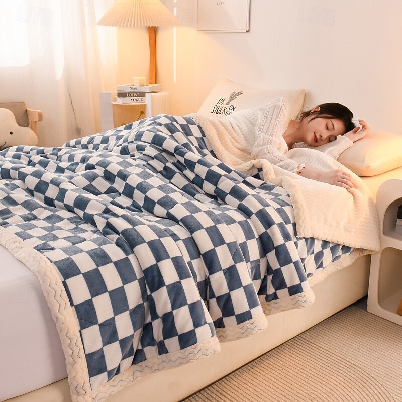 Thick 3-Layer Quilted Milk Velvet Blanket with Printed Design, Soft Cozy Nap Throw for Office, Bed, or Gift, Winter Warm Cover4