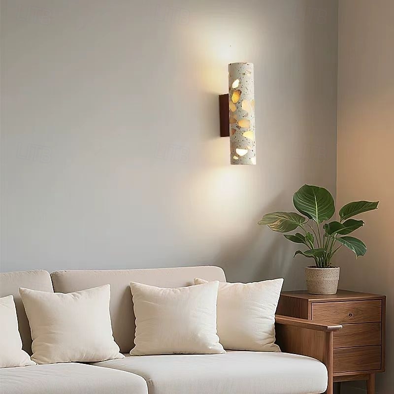 Sintered Stone Beige Wall Light with Wood Cylinder Enclosure Up & Down Light 110-240V3