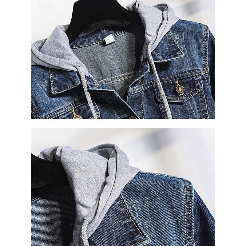 Women's Casual Jacket Denim Jacket Comfortable Breathable Pocket Buttons Casual Plain Vacation Street Casual Daily Wear Single Breasted Short Hooded Slim Long Sleeve Outerwear Navy Blue Blue Spring3