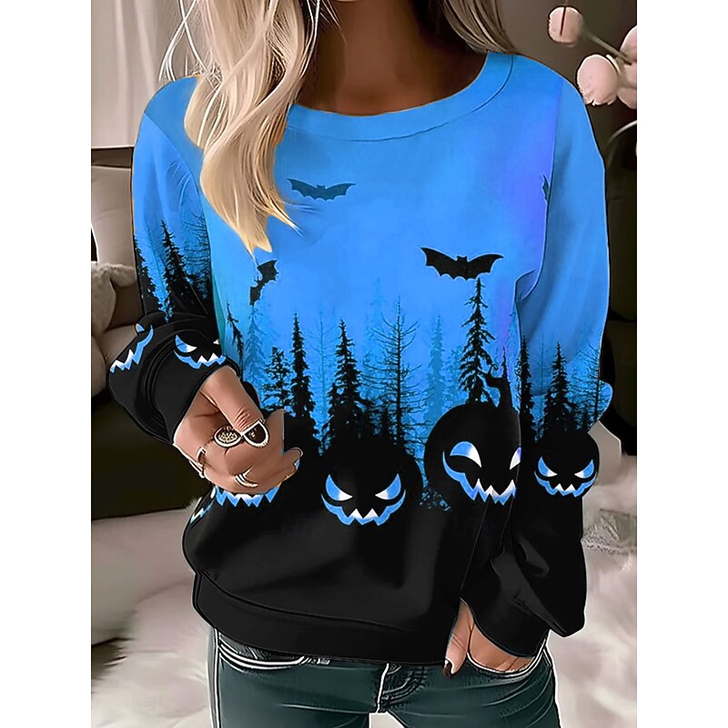 Women's Pullover Graphic Pumpkin Casual Long Sleeve Crew Neck Round Neck Regular Tops Street Casual Holiday Print Pink Blue Orange Green Spring Fall Winter2