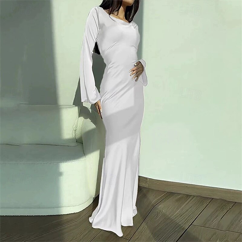 Women's Midi Dress Cocktail Dress Satin Dress Slip Dress Elegant Fashion Modern Outdoor Party Party Evening Wear Regular Fit Plain Long Sleeve Crew Neck Black White Red Brown Summer Spring Autumn3