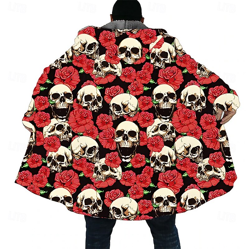 Men's Cool Skulls Rose Winter Coat Fleece Jacket Coat Thermal Warm Comfortable Casual Dark Street Daily Wear Festival Zipper Pocket 3D Print Fall Winter Hooded Long Sleeve Black 1 Black Red2