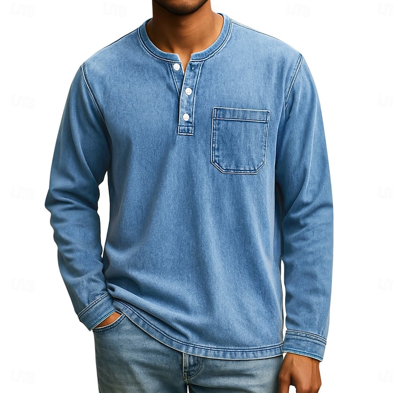 Men's Henley Shirt T shirt Tee Long Sleeve Vintage Solid Retro Vintage Casual Vintage Style Henley Casual Spring Fall All Seasons Black Pink Gray Henley T-Shirt