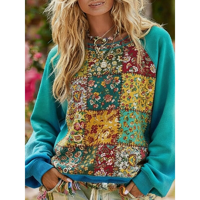 Women's Pullover Sweatshirts Floral Color Block Vintage Streetwear Classic Long Sleeve Crew Neck Regular Tops Dailywear Casual Print Blue Spring Fall