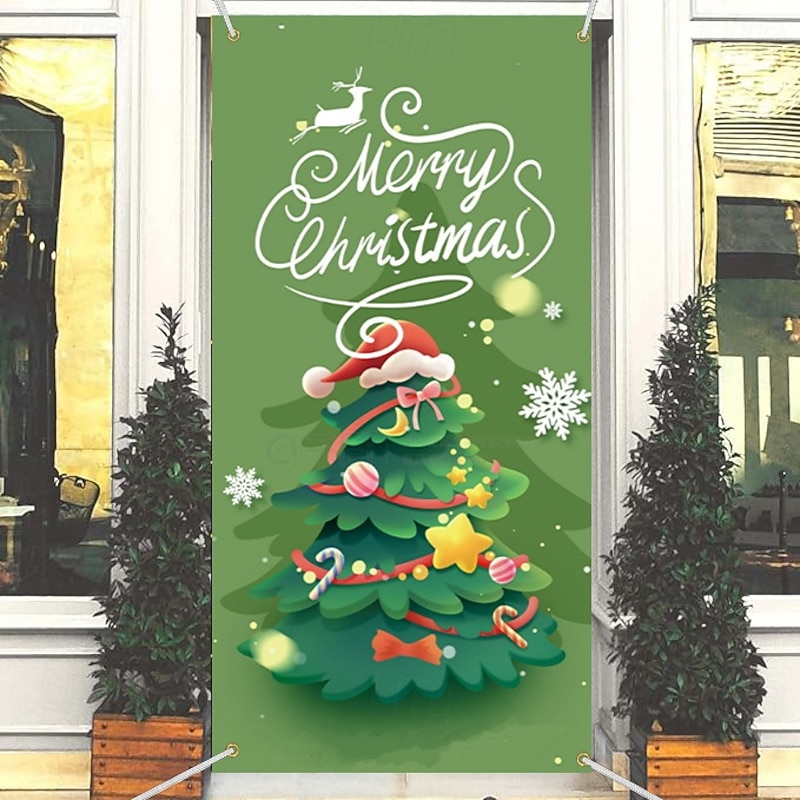 Green Christmas Tree Door Cover, Festive Holiday Backdrop Tapestry Wall Hanging for Family Gathering and Home Decoration3