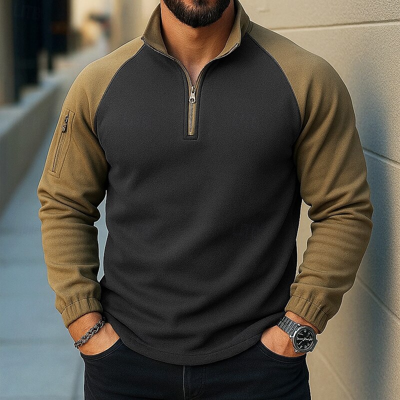 Men's Zip Hoodie Sweatshirt Quarter Zip Hoodie Tactical Army Green Navy Blue Standing Collar Plain Zipper Pocket Color Block Tactical Sports & Outdoor Daily non-printing Streetwear Cool Casual Fall