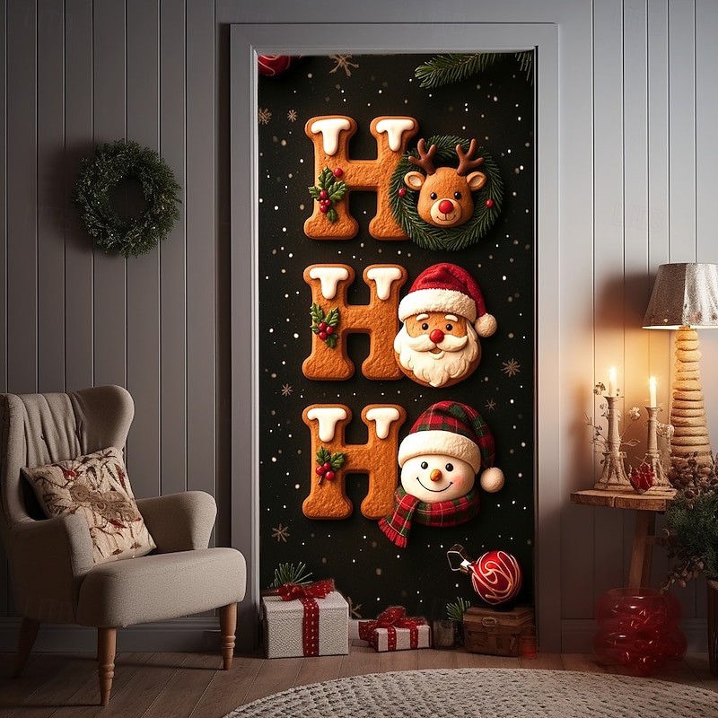 Christmas Door Cover, andy Cane, Gingerbread and Peppermint JOY Festive Backdrop Door Curtain for 2025 Xmas Party Indoor Outdoor Holiday Decorations