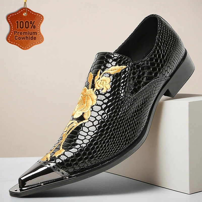 Men's Genuine Cowhide Leather Black Crocodile Pattern Dress Shoes with Gold Embroidery – Luxury Formal Loafers for Business, Weddings and Banquets