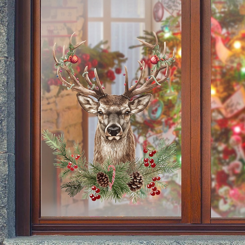 Christmas Sticker Wall Decals Cartoon Reindeer Pinecone Removable Vinyl Mural Holiday Party Glass Window Door Bedroom Living Room Decoration Gift For Christmas Festival Atmosphere2