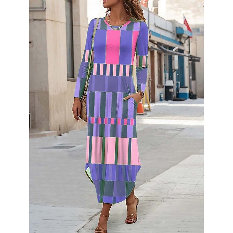 Women's Maxi Dress Sheath Dress T Shirt Dress Tee Dress Vacation Casual Boho Holiday Date Regular Fit Graphic Geometric Abstract Long Sleeve Crew Neck Yellow Blue Purple Orange Spring Fall Winter4