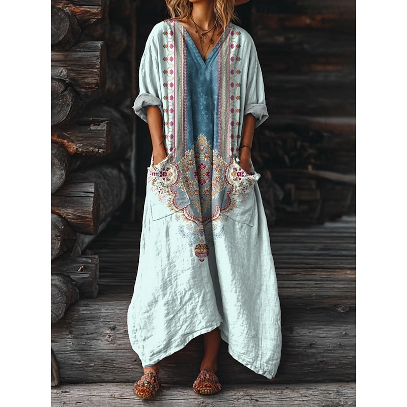 Women's Maxi Dress A Line Dress Vacation Casual Daily Regular Fit Loose Fit Floral Graphic Long Sleeve V Neck Pink Dark Pink Red Blue Summer Spring Fall