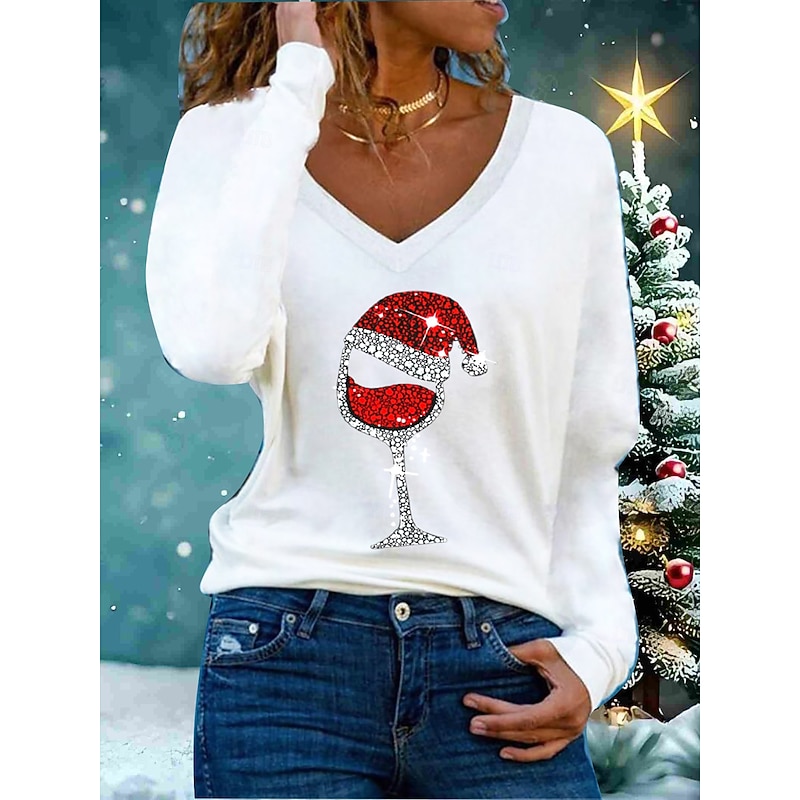 Christmas Women's T Shirt Blouse Ugly Christmas Basic Long Sleeve Flutter Sleeve V Neck Regular Tops Daily Sports Patchwork Print Black White Red Dark Green Green Spring Fall Winter2