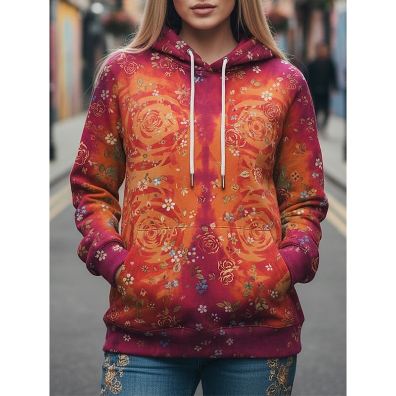 Women's Pullover Hoodies Rose Fashion Streetwear Casual Long Sleeve Hooded Regular Tops Dailywear Casual Sports Drawstring Pocket Print Red Fuchsia Spring Fall