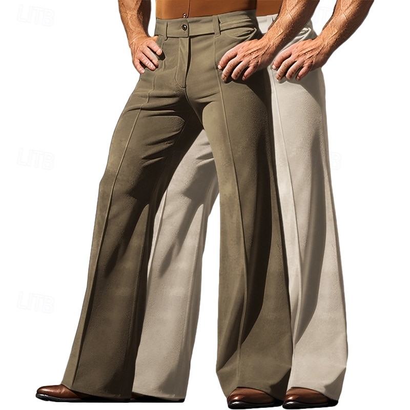 Men's Trousers Dress Pants Bell Bottom Flared Pants Velvet Pants Pocket Plain Comfort Breathable Full Length Outdoor Daily Going out Fashion Ethnic Style beige+khaki Green+Khaki Micro-elastic4