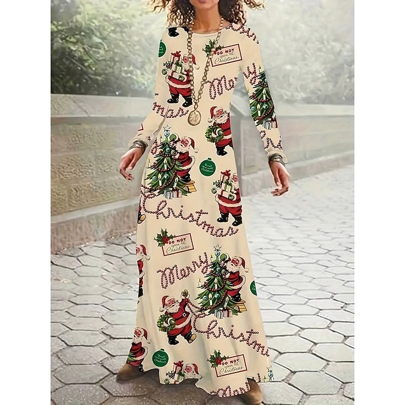 Christmas Women's Maxi Dress T Shirt Dress Tee Dress A Line Dress Summer Dress Vacation Casual Beach Daily Regular Fit Graphic Santa Claus Tree Long Sleeve Crew Neck Black Beige Spring Fall Winter3