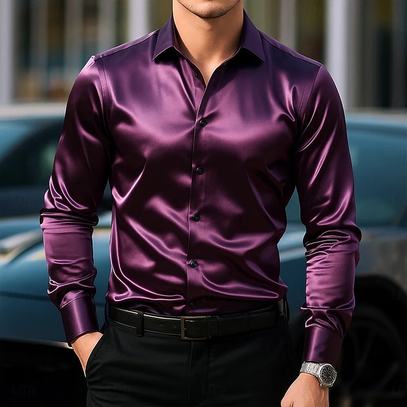 Men's Shirt Satin Shirt Casual Shirt Button Up Shirt Plain Formal Wedding Black White Wine Navy Blue Long Sleeve Lapel Spring &  Fall All Seasons Clothing Apparel
