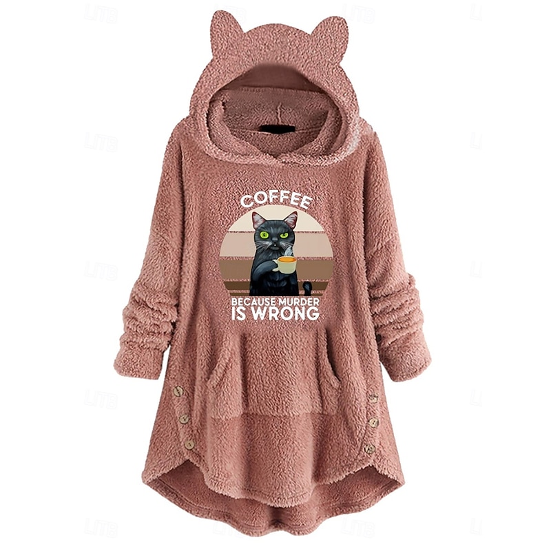 Women's Pullover Hoodie Sweatshirt Cat Letter Casual Long Sleeve Hooded Crop Tops Street Dailywear Casual Pocket Print Pink Wine Gray Fall Winter