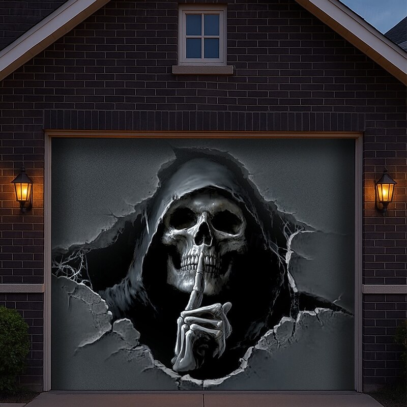 Halloween Garage Door Cover Scary Scarecrow Castle Banner Haunted House Horror Scene Spooky Backdrop Tapestry for Outdoor Wall Fence Yard Halloween Party Decoration4