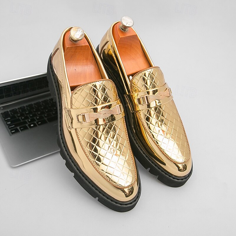 Men's Gold Dress Loafers with Buckle – Shiny Quilted Slip-On Formal Shoes for Parties, Weddings and Business Events2