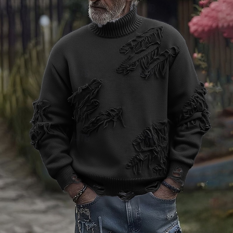 Men's Pullover Sweater Jumper Knit Sweater Ribbed Knit Regular Tops Knitted Ripped Plain Turtleneck Fashion Basic Vacation Daily Wear Clothing Apparel Fall Winter Black Beige M L XL3