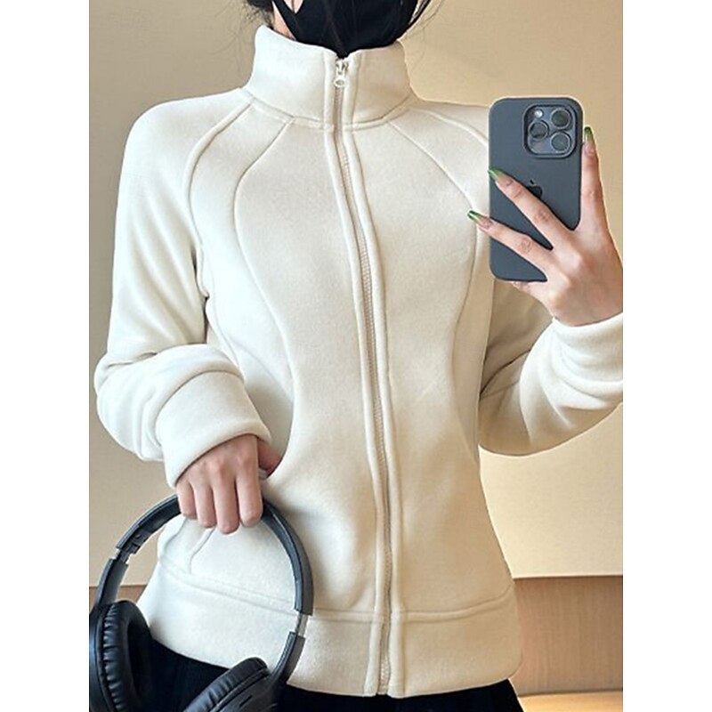 Women's Sherpa Jacket Casual Jacket Comfortable Breathable Zipper Casual Plain Vacation Street Casual Daily Wear Zipper Regular Stand Collar Regular Fit Long Sleeve Outerwear Black Pink Beige Spring