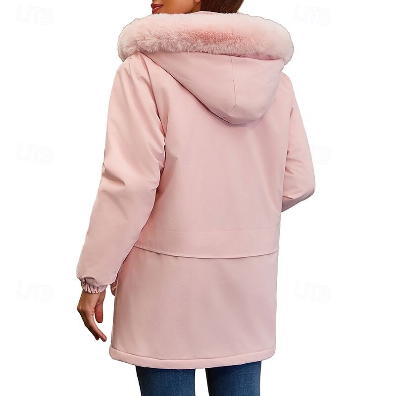 Women's Winter Coat Parka Warm Comfortable Zipper Pocket With Belt Casual Plain Vacation Street Casual Daily Wear Long Hooded Regular Fit Long Sleeve Outerwear Black Pink Wine Fall Winter2