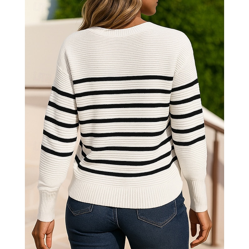 Women's Knit Shirt Pullover Sweater Long Sleeve Top Athleisure Fall Striped Spandex Fashion Outdoor Travel Sports Sportswear Activewear Black-White Black White2
