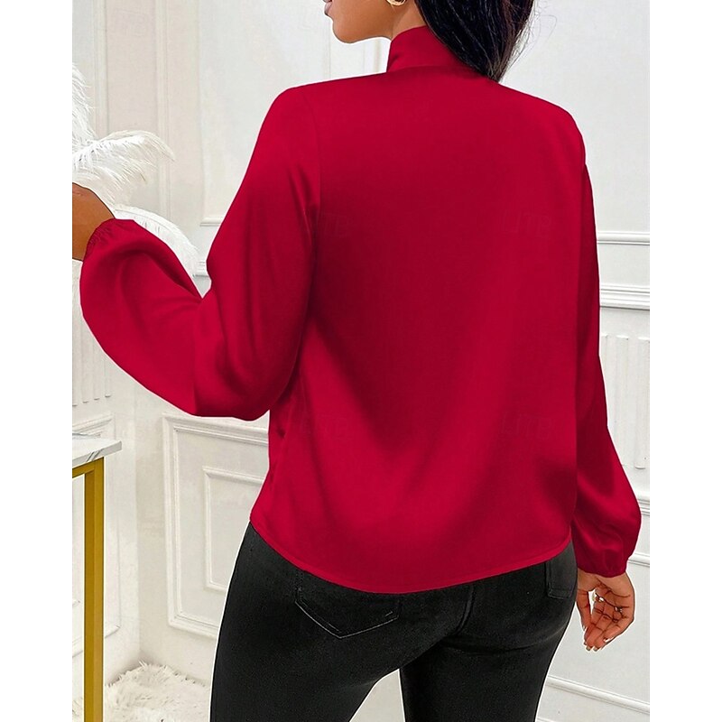 Women's Shirt Elegant Dressy Satin Solid Color Elegant Stylish Basic Long Sleeve Tie Neck High Neck Regular Tops Daily Going out Bow Red Spring Fall3
