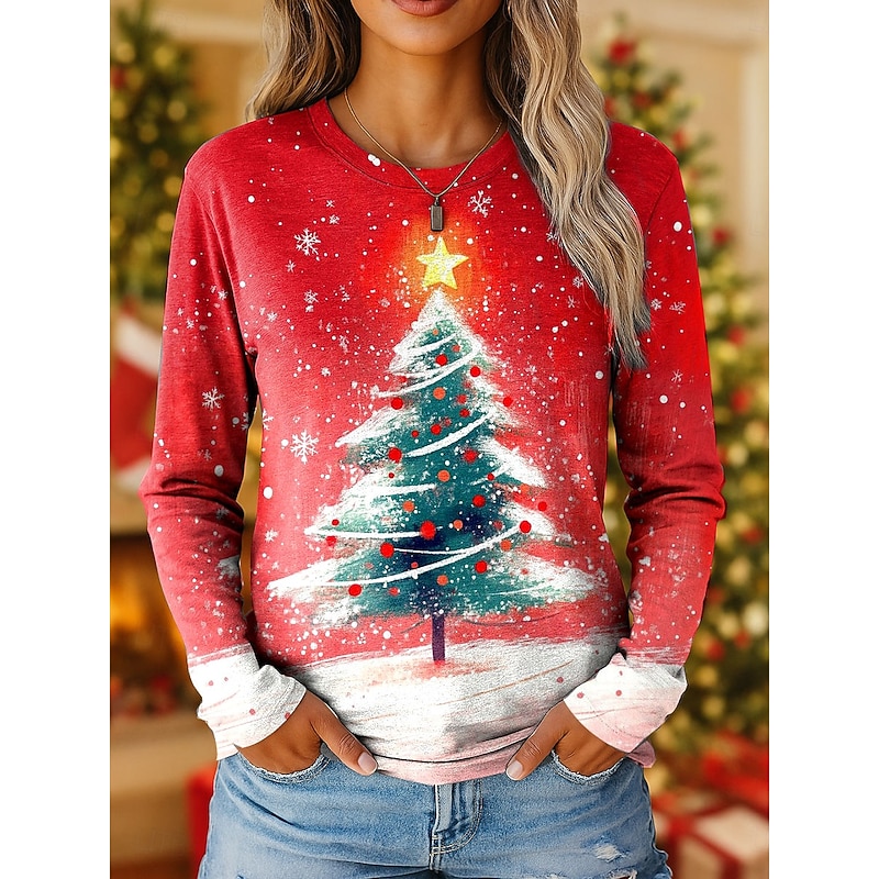 Christmas Women's T Shirt Graphic Christmas Tree Vintage Fashion Stylish Long Sleeve Crew Neck Regular Tops Daily Weekend Print Red Blue Purple Orange Green Fall Winter2