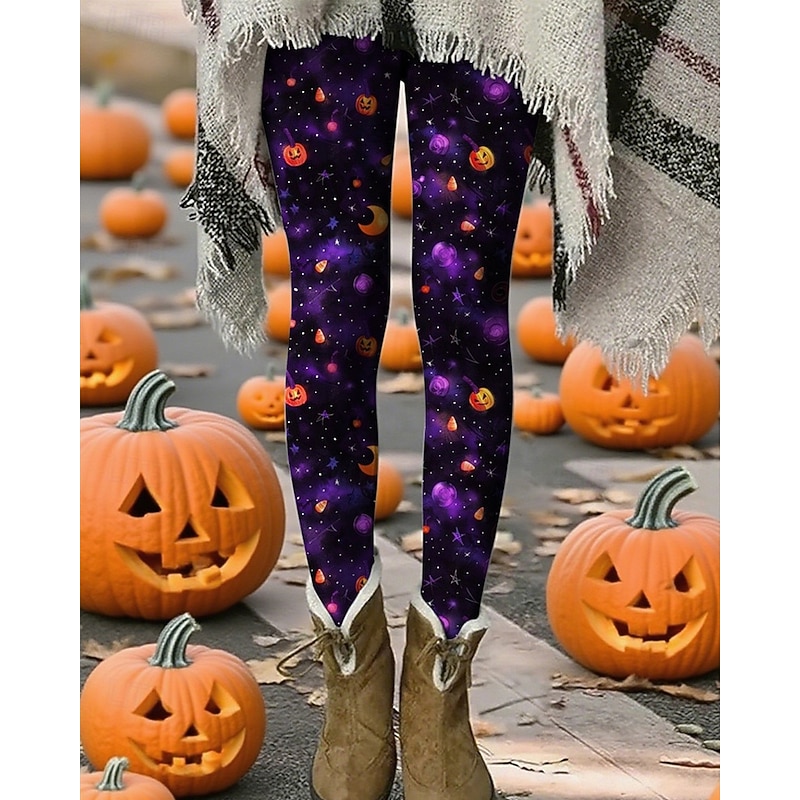 Women's Pants Trousers Leggings Cozy Leggings Streetwear Casual Full Length High WaistPantsHalloween Pumpkin Elastic Waist Print Breathability Comfortable Stretchy Vacation Street Daily Wear Purple