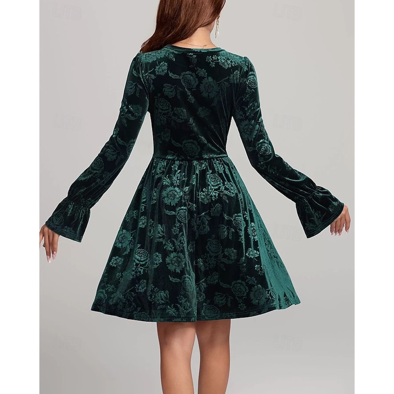 Women's Midi Dress Velvet Dress Cocktail Dress Elegant Fashion Modern Outdoor Party Party Evening Wear Regular Fit Floral Plain Long Sleeve Crew Neck Dark Green Spring Winter Autumn4