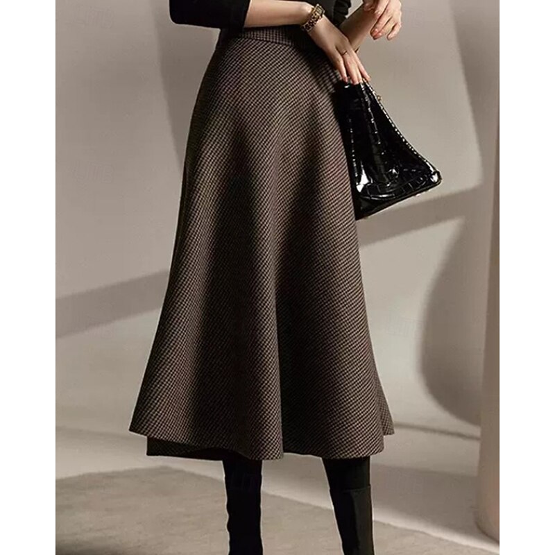 Women's Skirt A Line Fashion Casual Midi High Waist Skirts Houndstooth Ruched Inelastic Micro-elastic Street Daily Coffee Fall Polyester2