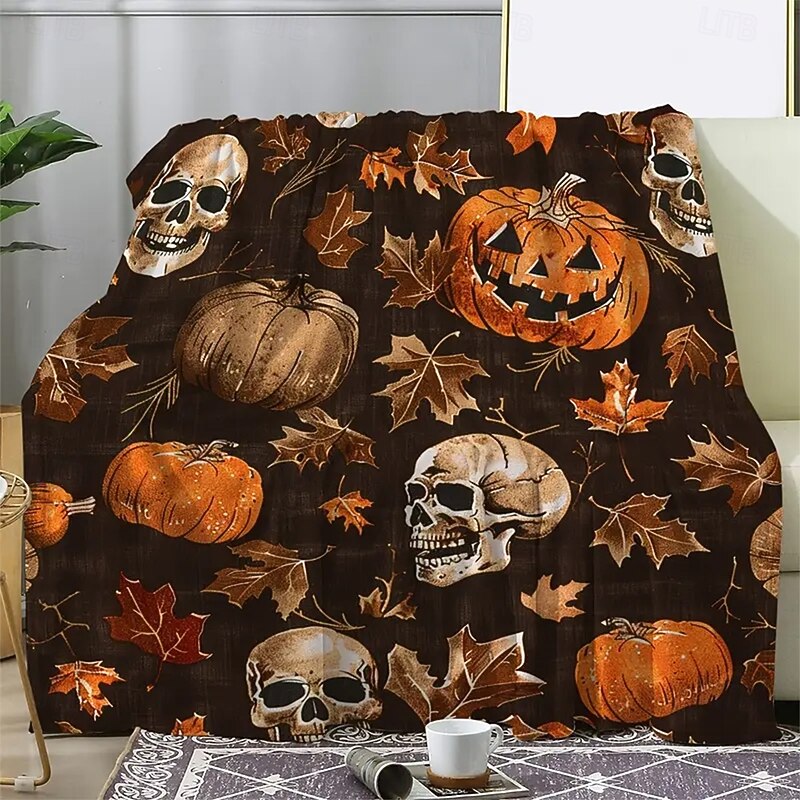 Halloween Fleece Throw Blanket for Couch Skeleton Pumpkin Rustic Cottagecore Party Sofa Bed Decorative Warm Blanket Home Decor