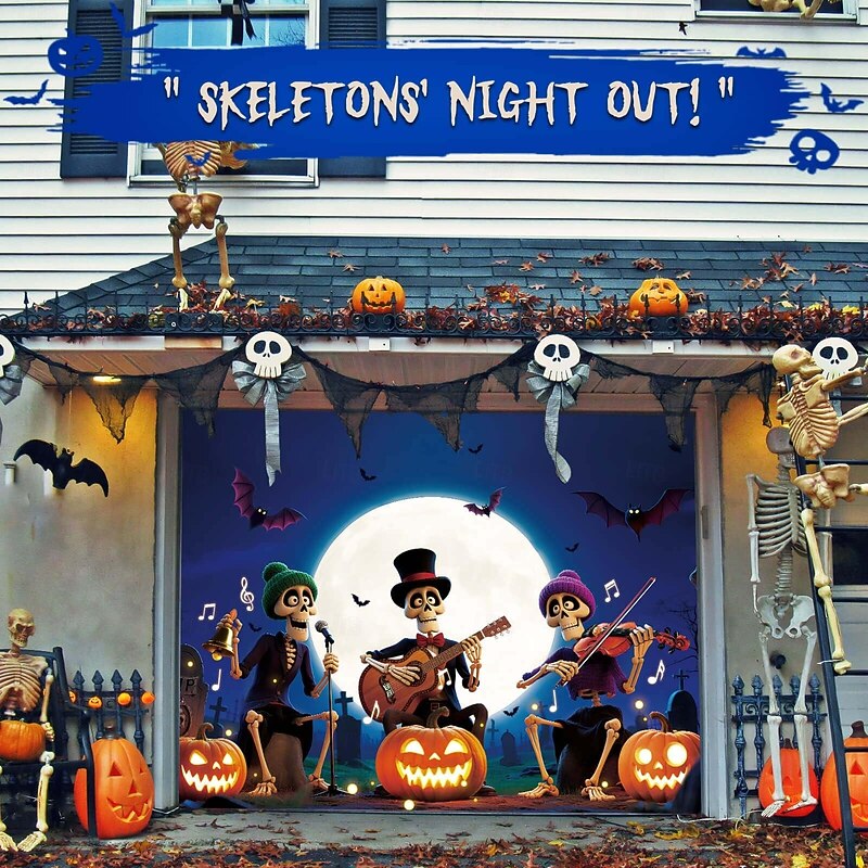 Halloween Outdoor Garage Door Cover Spooky Black White Haunted Banner Dark Ghost Girl Bloody Doll Pumpkin Large Tapestry Backdrop Decoration for Holiday Home Wall Outdoor Decor4