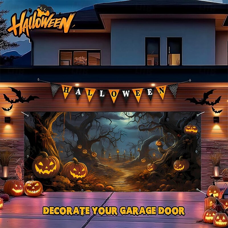 Halloween Garage Door Cover Large Hanging Backdrop Pumpkin Cemetery Tree Dark Punk Gothic Style Party Outdoor Shooting Backgrounds Yard Haunted House Home Decor4