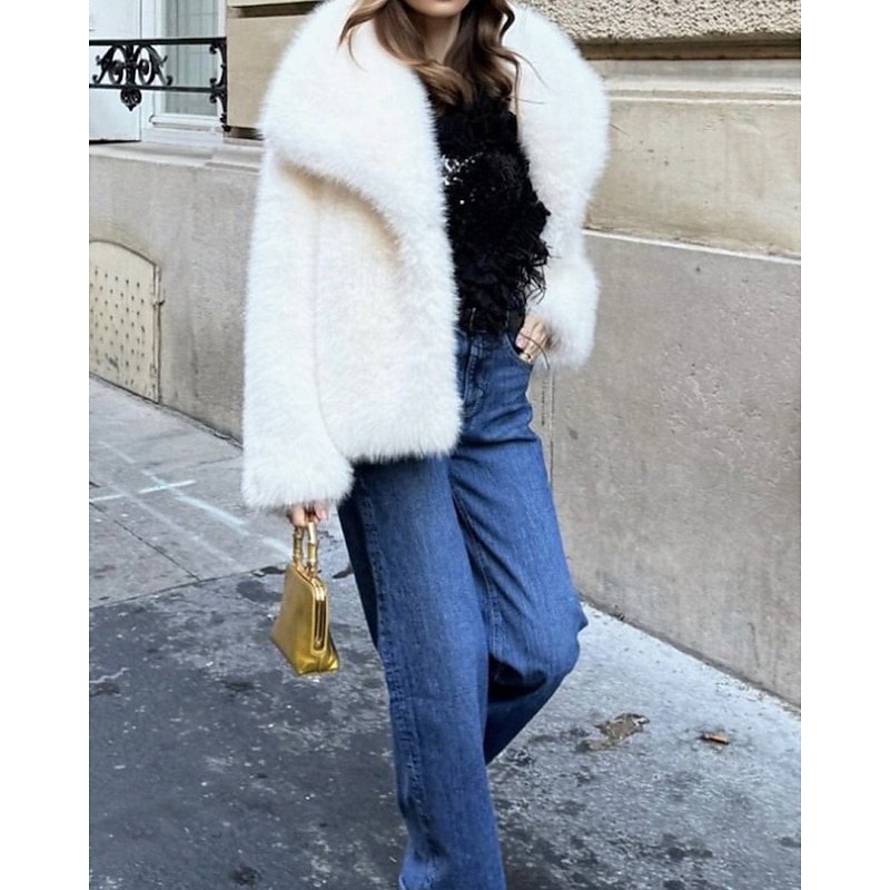 Women's Faux Fur Coat Warm Comfortable Furs & Leathers Casual Plain Street Holiday Going out Weekend Regular Turndown Regular Fit Long Sleeve Outerwear White Fall Winter4