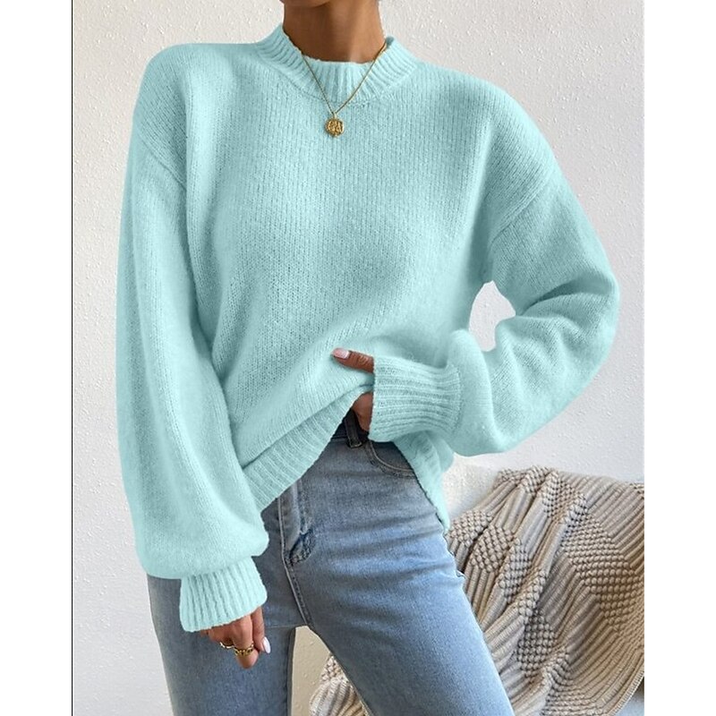 Women's Sweater Pullover Fashion Casual Pure Color Ribbed Mock Neck Knitted Long Sleeve Regular Tops Knit Outdoor Daily Weekend Blue Fall Winter