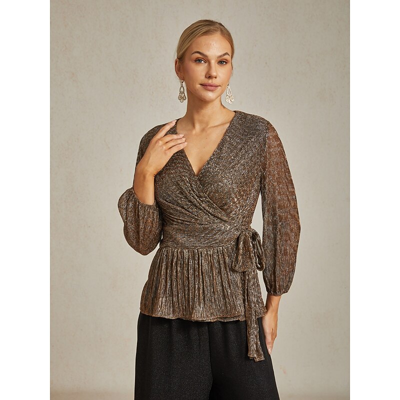 Women's Wrap Tops Sheer Blouse Dressy Tops Elegant Party Stylish Long Sleeve Lantern Sleeve V Neck Regular Tops Wedding Guest Party Evening Wear Semi Formal Pleated Metallic Brown Fall Winter