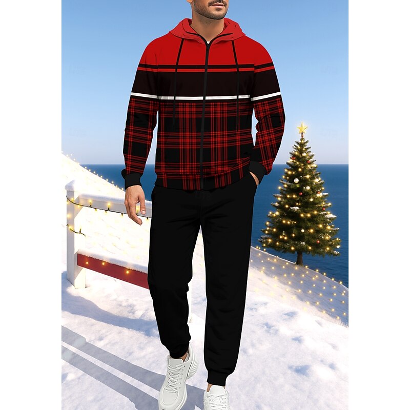 Christmas Men's Hoodie Tracksuit Zip Hoodie Drawstring Pockets Pants Hoodie Sweatshirt Fall Red / black Gym Workout Casual Basketball Baggy Long Sleeve Sport Activewear Stretchy Regular Fit3