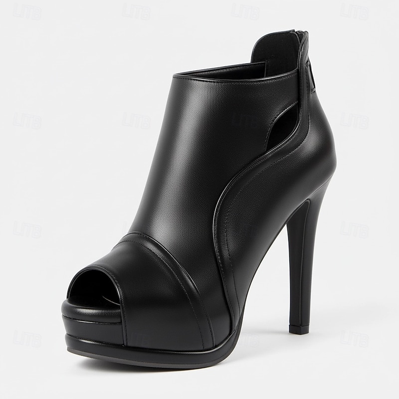 Women's Sexy Black Peep-Toe Stiletto Heels with Cut-Out Design – Faux Leather Platform Ankle Boots for Party and Evening Wear4