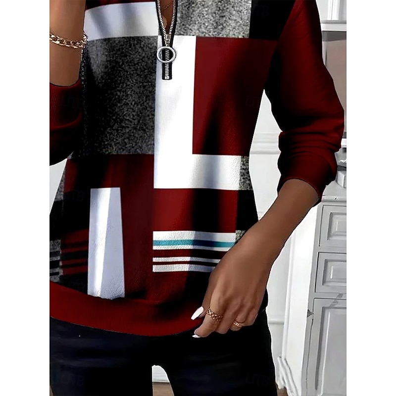 Women's Pullover Sweatshirt Zip Up Sweatshirts Graphic Geometric Color Block Fashion Casual Long Sleeve Crew Neck Regular Tops Street Dailywear Patchwork Zipper Print Wine Fall Winter3