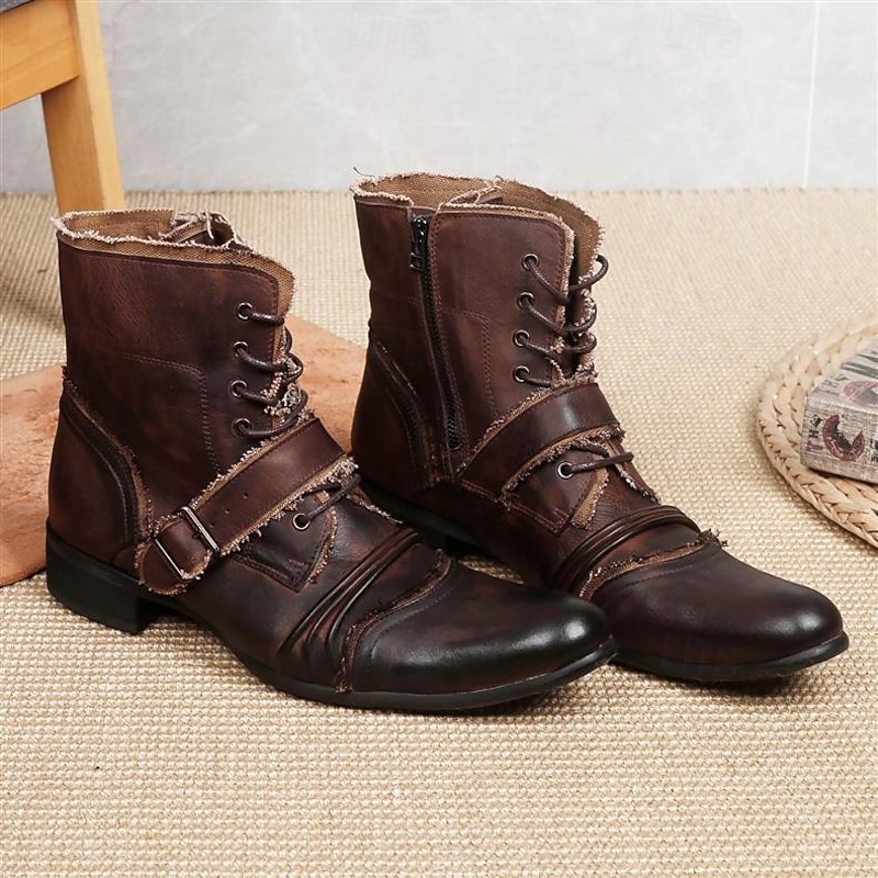 Men's Retro Brown Leather Biker Boots – Handmade High Top Motorcycle Boots with Buckle Accents for Punk, Gothic and Casual Streetwear3