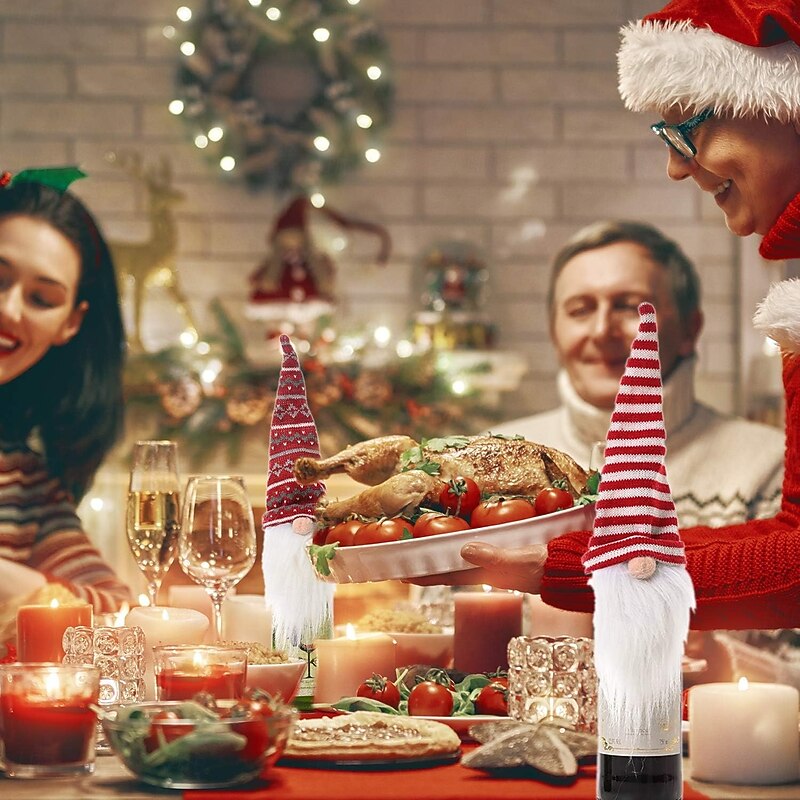 4 Pack Christmas Gnome Wine Bottle Covers, Plaid Burlap Wine Bags, Holiday Red Wine and Champagne Bottle Decorations, Creative Xmas Table Accessories, Reusable Gift Wrapping, Party Supplies4