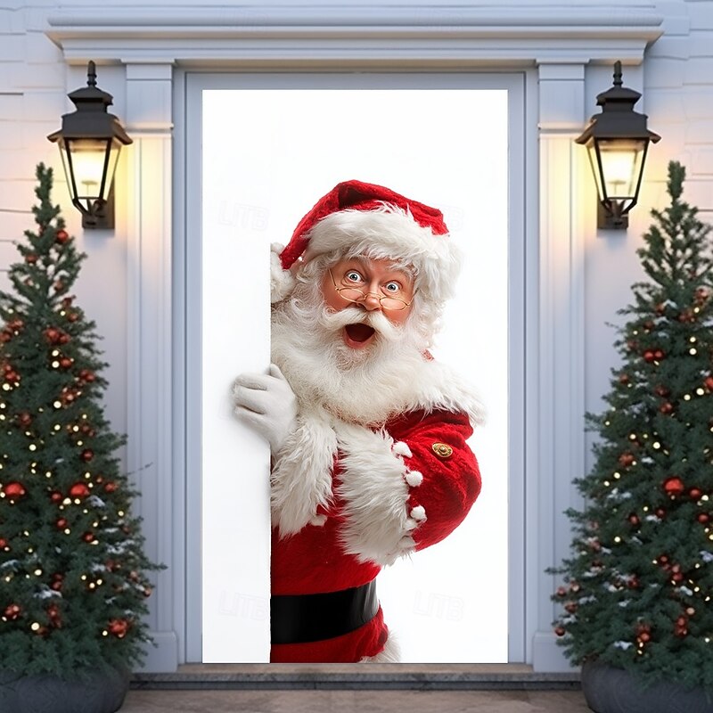 Christmas Door Cover, Funny Peeking Santa Face Door Curtain, Festive 2025 Xmas Entrance Banner for Holiday Party, Indoor Outdoor Porch Decoration
