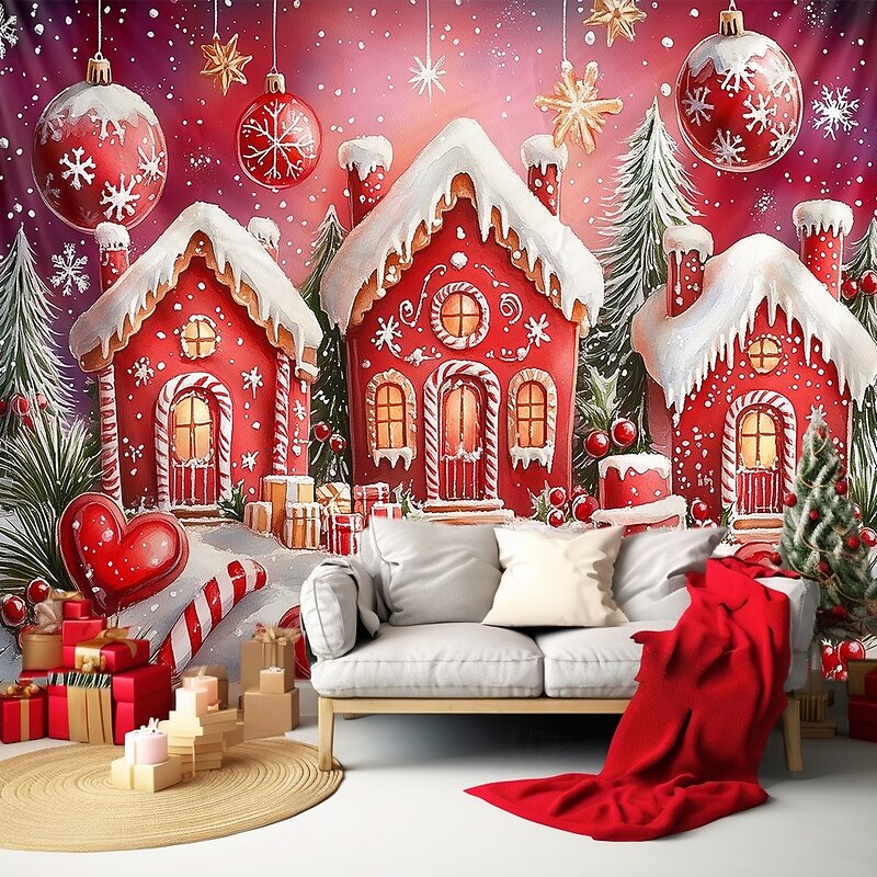 Chrismas Hanging Tapestry Red Gingerbread House Large Wall Art Mural Decor Blanket Curtain Holiday Home Bedroom Living Room Festive Party Decoration Christmas Seasonal Backdrop