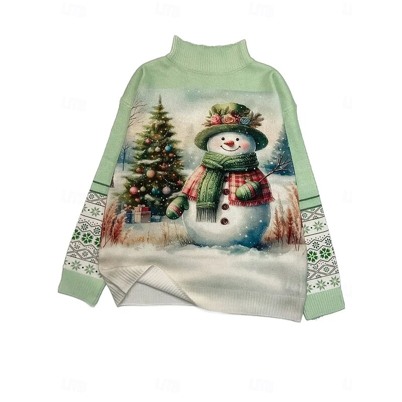 Women's Sweater Pullover Daily Casual Graphic Christmas Tree Snowman Ribbed Turtleneck Knitted Print Long Sleeve Regular Tops Knit Outdoor Weekend Green Fall Winter2