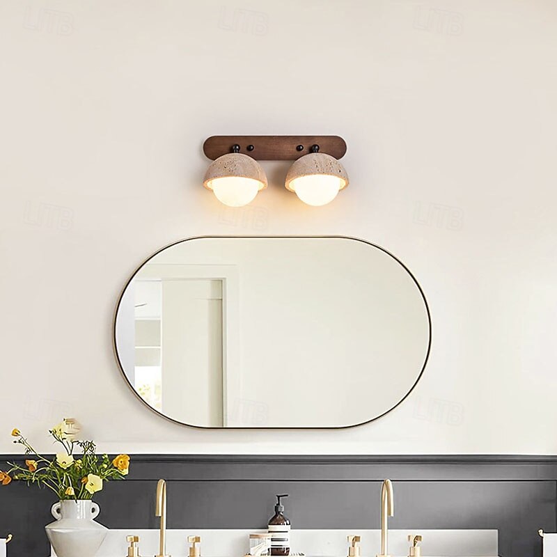 Modern 2/3 Light Vanity Light Wood Base Concrete Look Shades Frosted Globes Nordic Scandinavian Bathroom Lighting Fixture Above3