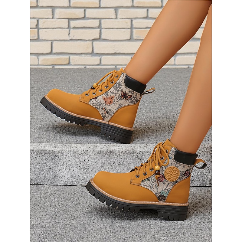 Women's Yellow Lace-Up Ankle Boots with Jacquard Fabric Panels – Fashion Hiking Style Shoes for Autumn, Winter & Outdoor Casual Outfits3