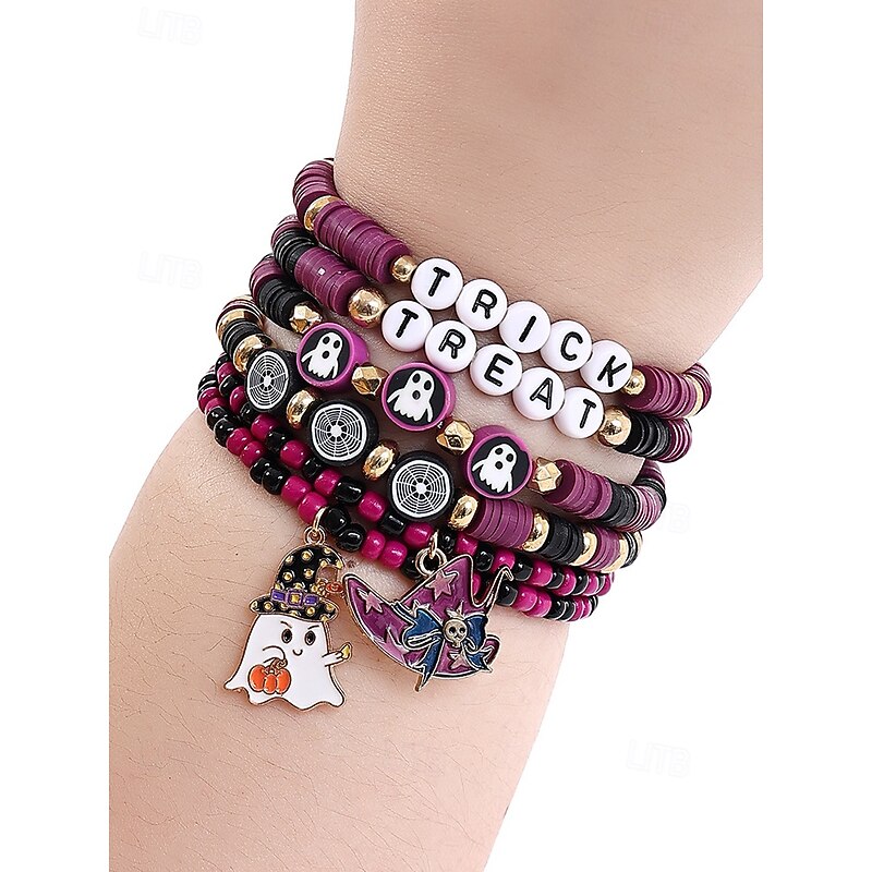 Women's Halloween Beaded Charm Bracelets – Colorful Stretch Stackable Bangles with Pumpkin, Ghost and Bat Pendants for Party Jewelry4